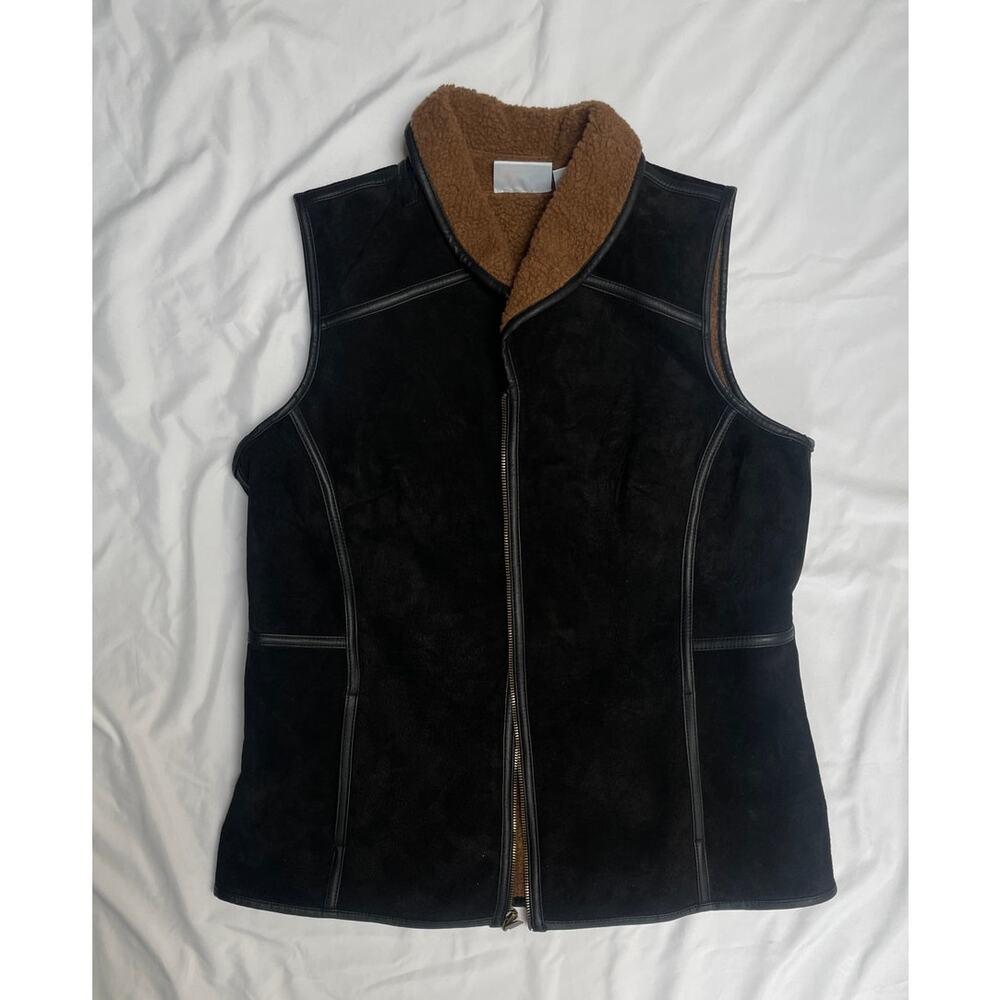 Denim and Co Black Suede Leather Vest, Brown Fleece Lined, Full Zip, Medium